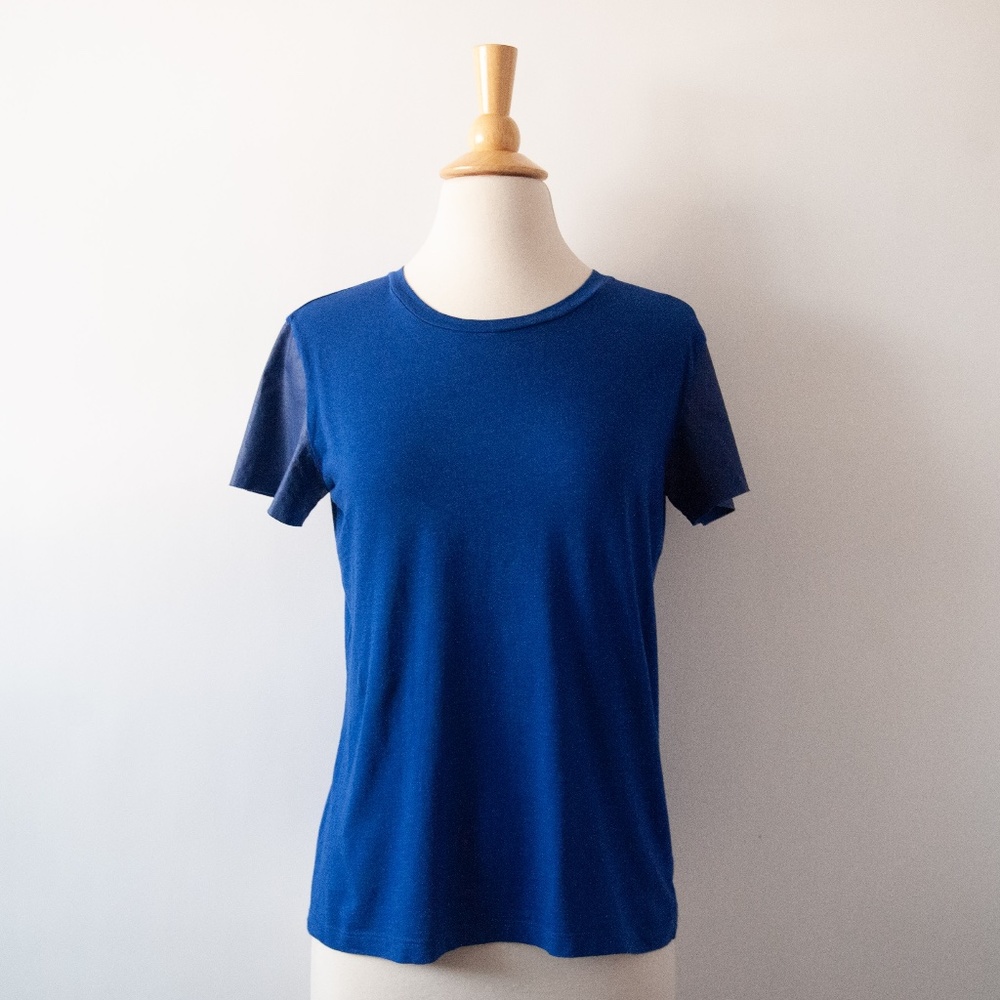 Theory Rodiona G Crew Neck Tee with Faux Leather Sleeves in Blue